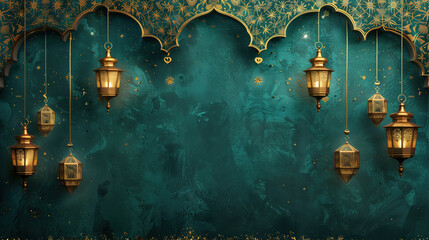  Ramadan golden lanterns on green banner background 