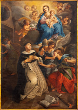 PERUGIA, ITALY - MAY 15, 2024:  The painting visioin of St. Thomas Aquinas with the Madonna and angels in the church Basilica di San Domenico by unknown aritst. 
