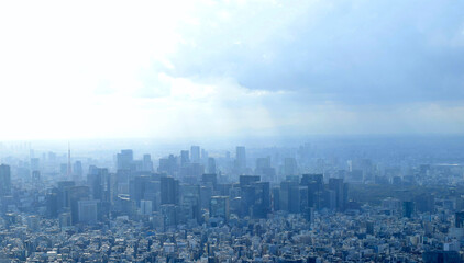 東京の街並み、東京の町並みとビジネス街、東京の町並みの上空撮影