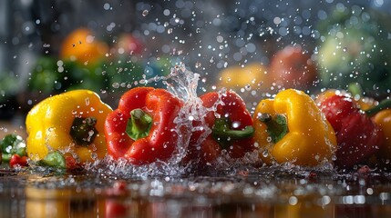 Red, yellow and green bell peppers with water splash on a black background.