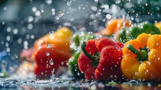 Red, yellow and green bell peppers with water drops.
