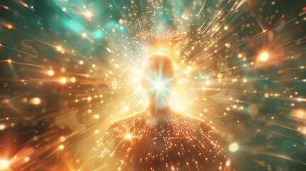 Light Within series. 3D rendering of human figure, radiating light and fractal elements on the subject of inner energy, astral dimension and spirituality
