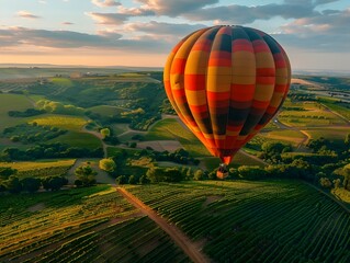 Naklejka premium Colorful Hot Air Balloon Floating Over Vibrant Patchwork of Scenic Countryside Vineyards and Fields During Golden Sunset or Sunrise