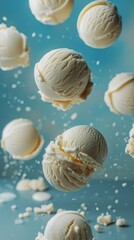 Vanilla ice cream scoops gently float upwards against a blue background.