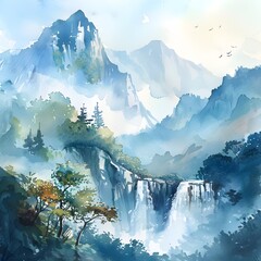 Majestic Watercolor Waterfall in a Dreamy Mountain Landscape