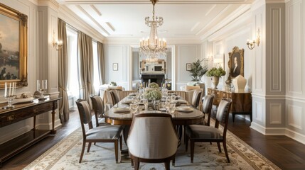 A traditional dining room with a large wooden table, classic chairs, and a chandelier for elegant dining --ar 16:9 --style raw Job ID: 8845c491-b021-4fa4-a279-3fba9a839c77