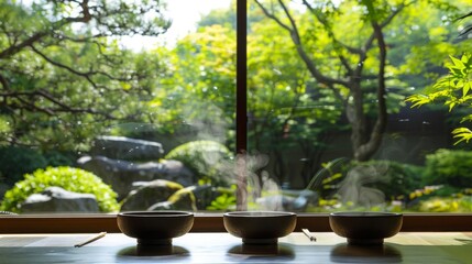 A tranquil tea house serving steaming bowls of miso soup, with a serene garden view, emphasizing calm and relaxation. --ar 16:9 --style raw Job ID: 0a652f86-9d66-499d-9175-2bce419c636d