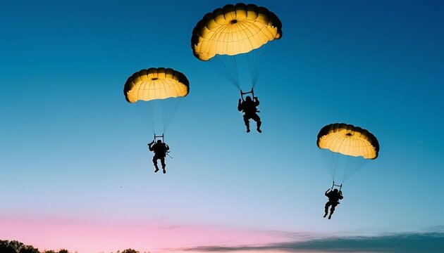 Powerful silhouettes of a platoon of parachuting soldiers, encompassing a range of racial and gender representations, plummeting from a vibrant sky at dusk.
