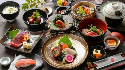 An elegantly arranged kaiseki meal in a traditional Japanese setting, with seasonal ingredients and meticulous presentation, emphasizing culinary artistry. 
