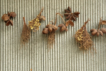 Dry grass and dry flowers hanging on the Old Zinc wall fence - interior design - image from bangsaen thailand 