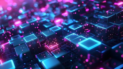 Fototapeta premium Abstract background with black cubes on blue and purple glowing lights, data technology concept 