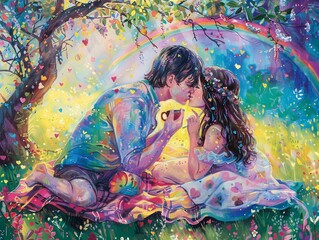 Romantic Picnic Bliss: Couple Sharing a Kiss Under the Rainbow Blanket