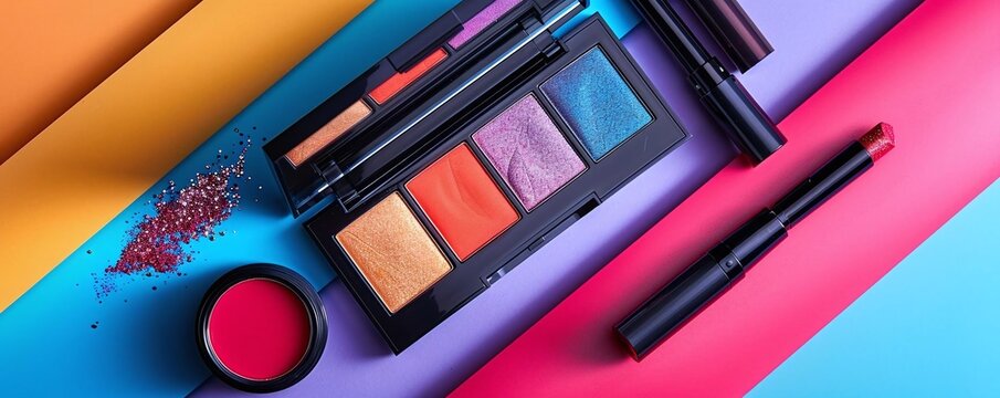 Design a flat lay design of a bright eyeshadow palette, bold lipstick, and highlighter