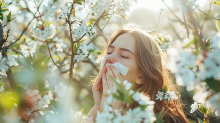 Fototapeta premium A woman is in a field of flowers and is blowing her nose