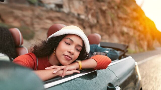 Happy woman, car and road trip with peaceful on travel, adventure or exploring on summer holiday or vacation in Tuscany. Friends, transport and calm on journey, destination or tour as gen z in Italy
