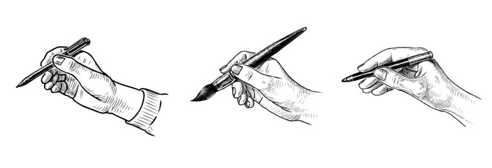 Human hands holding, pen, brush, pencil, fingers, human palm, writing instrument, write, draw, sketch, realistic, vector hand drawing isoated on white