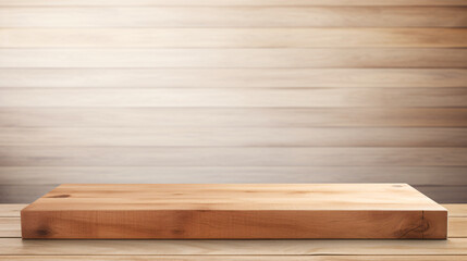 An empty wooden podium mockup. The design features a smooth, natural wood surface with clean lines, perfect for displaying products or presentations in a warm and rustic setting