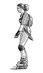 Woman alone roller skating,sports, realistic,profile,young people,smiling,sketch,vector, hand drawing,isolated on white