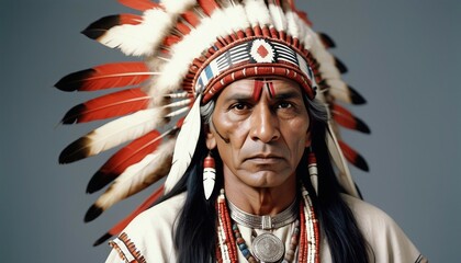 Obraz premium portrait of a muscled young American Indian tribal chief in traditional dress, isolated white background, copy space for text 