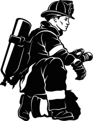 Fireman, firefighter stencil. Firefighter black icon on white background