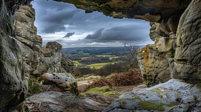 Scenic sight of a rugged terrain framed by rock formations beneath an overcast sky at Brimham Rocks situated in North Yorkshire