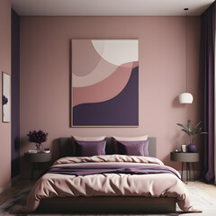 muted tones of dusty pink and dark purple surreal combination with minimalist compositions, evoking a sense of calmness, artistic installations, simple bare interior of bedroom  