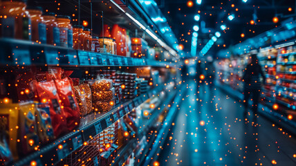 Obraz premium front perspective, blurred grocery shelves, food articles semi visible, a topping layer of technological lines and tech vibe.generative ai