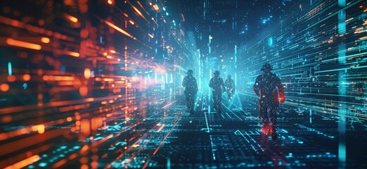 A cyberspace battlefield where digital guardians defend against waves of cyber threats, illustrating the crucial role of cybersecurity in safeguarding our digital infrastructure