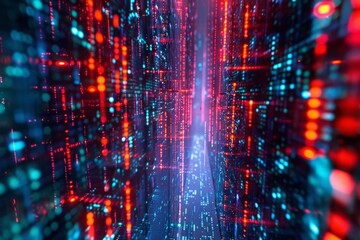 Obraz premium A digital labyrinth of ones and zeros, where algorithms weave through the data-scape, unlocking insights and powering the engines of innovation 