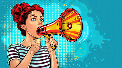 Pop art girl with megaphone. Woman with loudspeaker. Girl announcing discount or sale. Shopping...