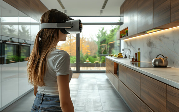 Woman wearing virtual reality headset in kitchen. Generative AI