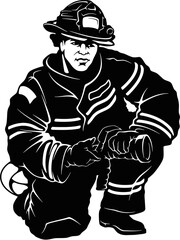 Fireman, firefighter stencil. Firefighter black icon on white background