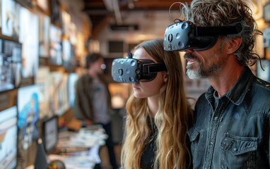 Man and woman using virtual reality glasses. Generative AI