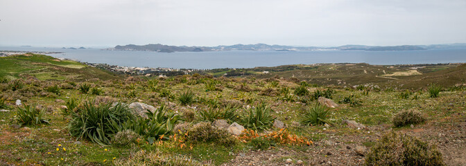 Landscape of Kos and view of the coastline and Pserimos island from  Kos Island South Aegean Region (Südliche Ägäis) Greece