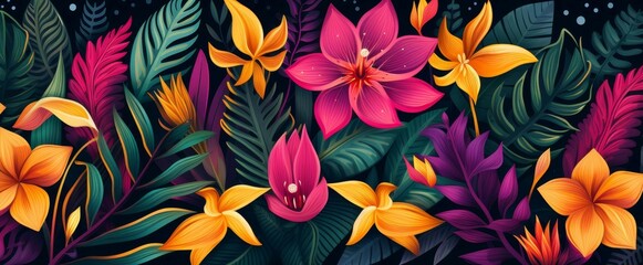 Bold floral pattern banner with vibrant colors, high resolution, intricate botanical design, and textured details.