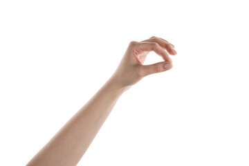 Female hand pick something isolated on white