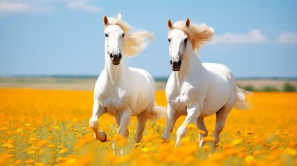 Obraz premium Vibrant image capturing galloping ponies in a meadow, radiating spirited energy and equestrian beauty in a tranquil rural setting.