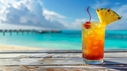 Obraz premium Tropical Cocktail With Pineapple Slice And Cherry On Wooden Deck Beside Turquoise Sea And Pier Under Bright Sunny Sky