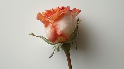 Close-up shot of a single pink rosebud with green leaves on a white background