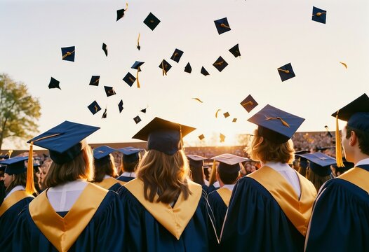university graduation ceremony and caps in the air, back view
