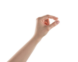 Female hand pick something isolated on white