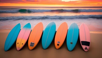 An ensemble of high-quality, customized surfboards in an array of eye-catching hues and styles framed against a stunning, fiery sunset overlooking the serene, turquoise ocean
