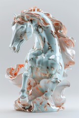 Porcelain figurine of a galloping horse with a long flowing mane in white, blue and pink tones.