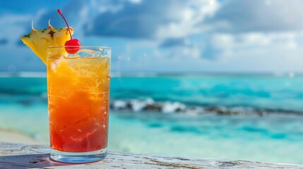 Refreshing Tropical Cocktail With Pineapple Slice And Cherry On Beachside Table Overlooking Bright Blue Ocean Under Clouds