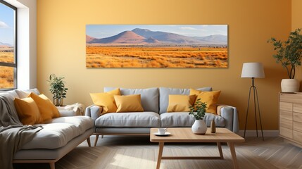A panoramic view of rolling hills and valleys bathed in the warm glow of sunset, painting the landscape in hues of gold and orange. Painting Illustration style, Minimal and Simple,