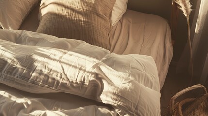Eco-chic bedroom, close-up on organic cotton bedding, muted earth tones, diffused morning light 