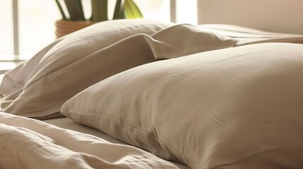 Eco-chic bedroom, close-up on organic cotton bedding, muted earth tones, diffused morning light