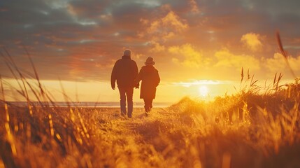 Elderly Couple Embarking on a Serene Sunset Stroll in the Countryside