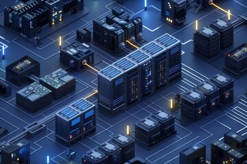 Aerial view of a modern data center network with interconnected servers and blue ambient lighting, showcasing advanced technology infrastructure.