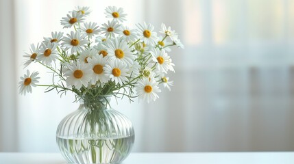 Glass vase filled with bright white and yellow daisies